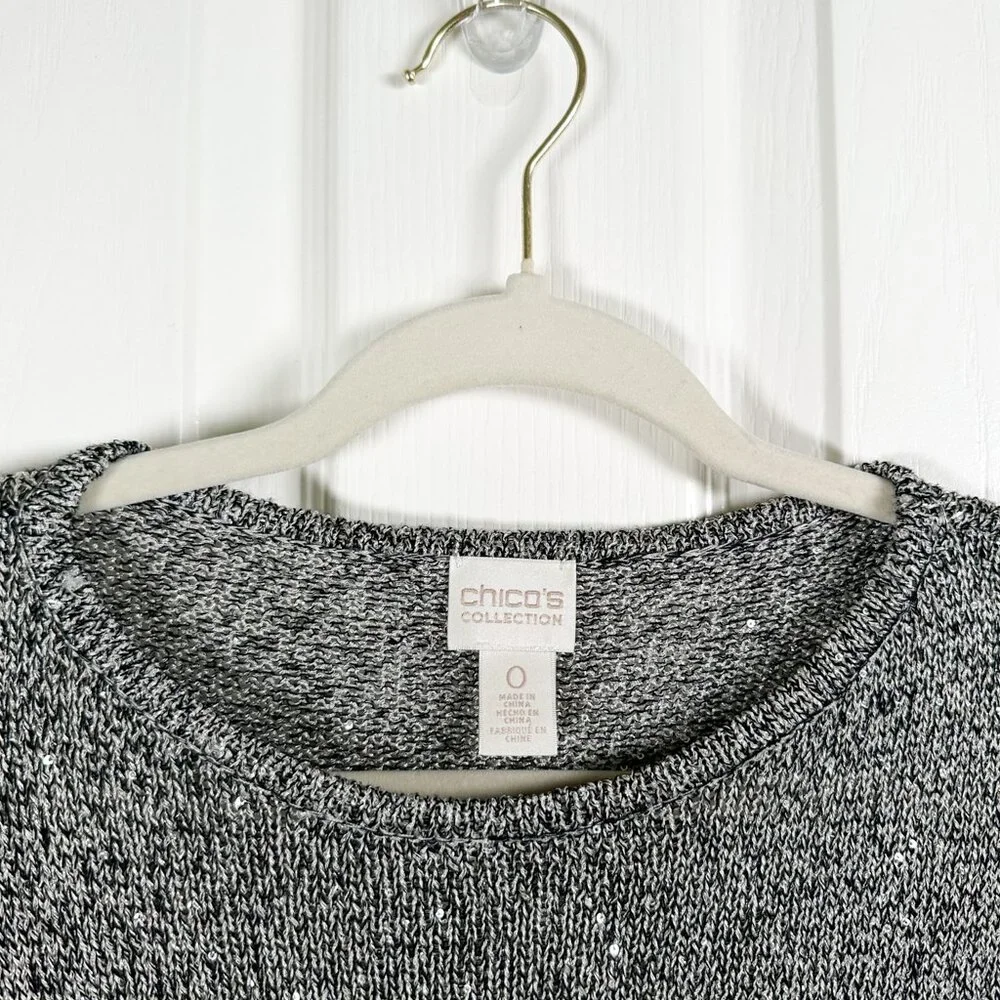 Chico’s Silver Sequin Knit Sweater Top Short Sleeve Party Holiday Women’s 0 XS/S - Picture 2 of 7